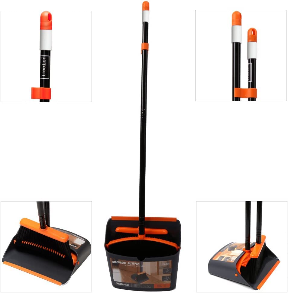 TreeLen Broom and Dustpan Set with 52" Long Handle for Home Kitchen Room Office Lobby Floor Use Upright Stand Up Stand Up Broom with Dustpan Combo